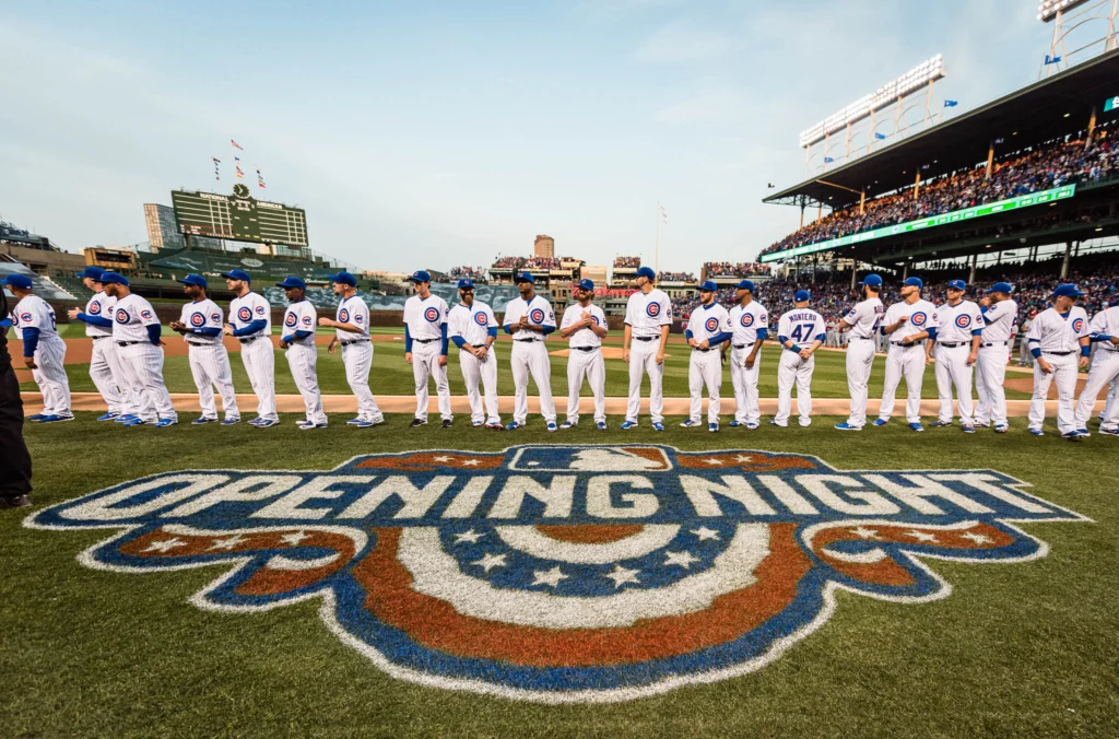 CHICAGO, IL - APRIL 5: The Chicago Cubs line up for the pre-game ceremony at the Opening Night game against the St. Louis Cardinals at Wrigley Field on Sunday, April 5, 2015 in Chicago, Illinois. (Photo by Matt Kosterman/MLB Photos via Getty Images)