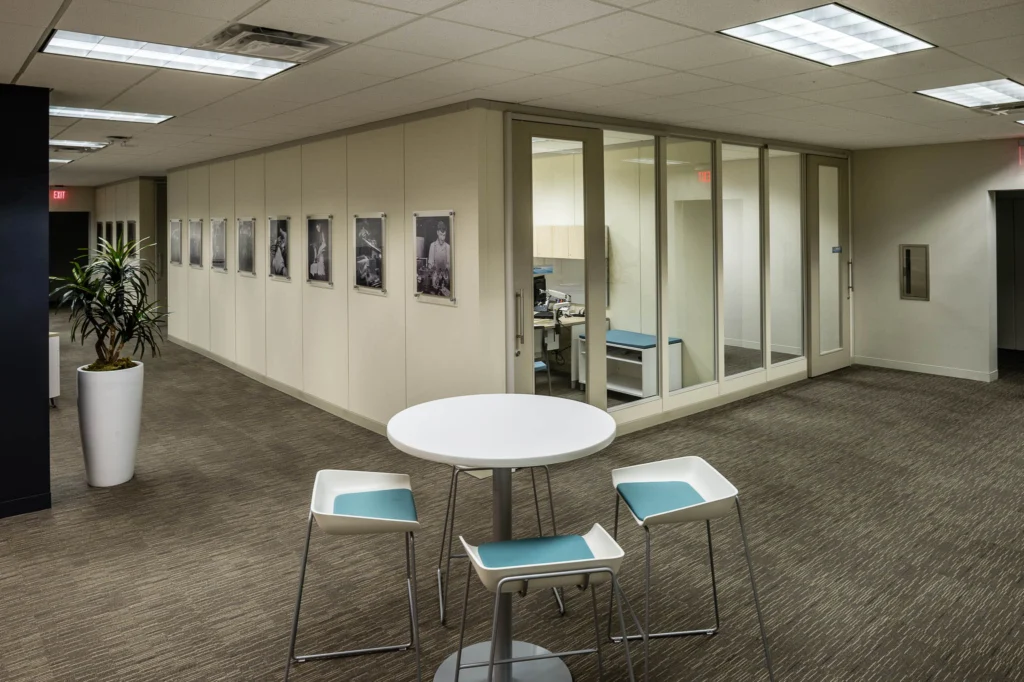 Alternate view of the engineering area at Sloan Valve Company headquarters in Franklin Park, Illinois. Prints on wall were produced by Matt Kosterman.