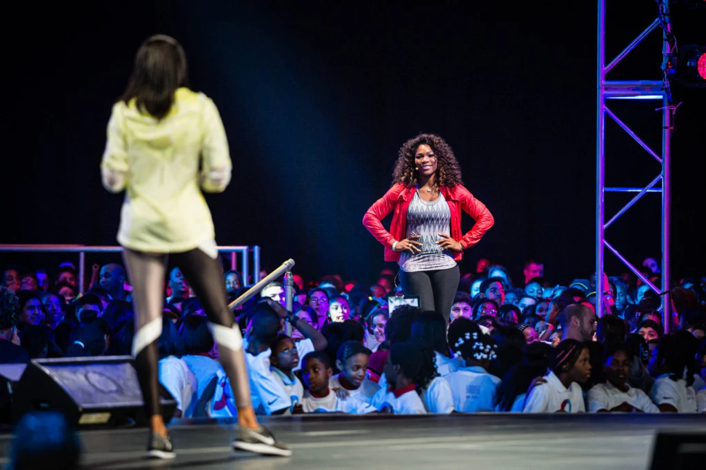 Serena Williams after her introduction by Allyson Felix at the 2013 Let's Move! event at Chicago's McCornick Place.