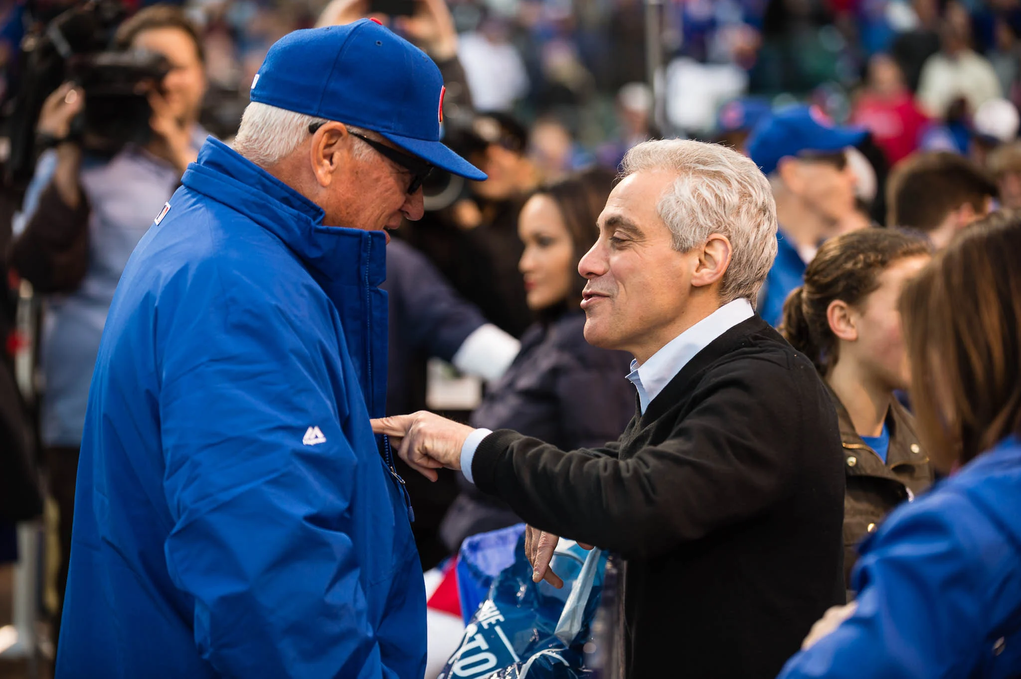 CHICAGO, IL - APRIL 5: Cubs' Manager, Joe Maddon talks with Chicago Mayor Rahm Emmanuel before the Opening Night game against the St. Louis Cardinals at Wrigley Field on Sunday, April 5, 2015 in Chicago, Illinois. (Photo by Matt Kosterman/MLB Photos via Getty Images)