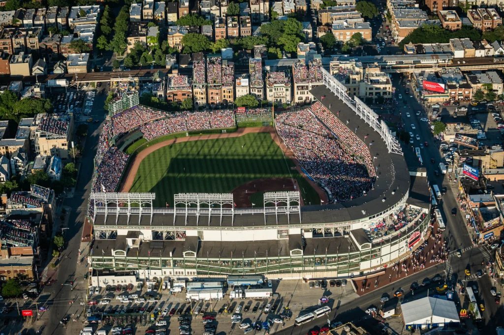 An aerial view from the west of Wrigley Field taken during a game against the St. Louis Cardinals. This image was taken as part of an assignment for a 100 year anniversary book on Wrigley Field for Major League Baseball.