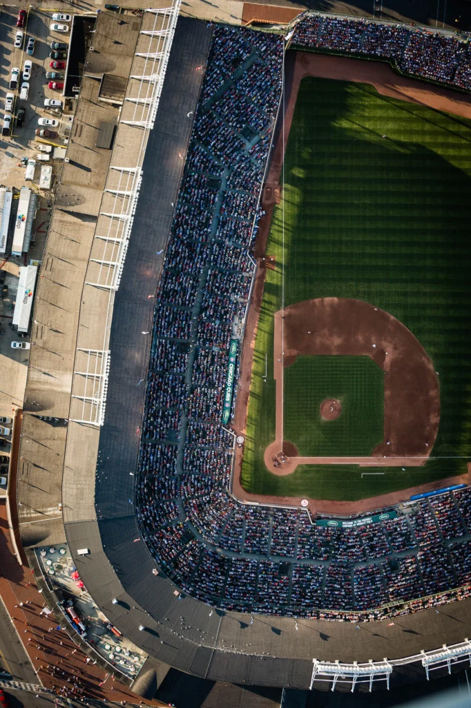 An aerial view from directly above Wrigley Field taken during a game against the St. Louis Cardinals. This image was taken as part of an assignment for a 100 year anniversary book on Wrigley Field for Major League Baseball.