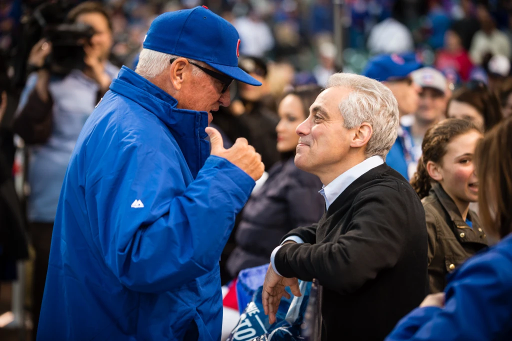 CHICAGO, IL - APRIL 5:  Cubs' Manager, Joe Maddon talks with Chicago Mayor Rahm Emmanuel before the Opening Night game against the St. Louis Cardinals at Wrigley Field on Sunday, April 5, 2015 in Chicago, Illinois. (Photo by Matt Kosterman/MLB Photos via Getty Images)
