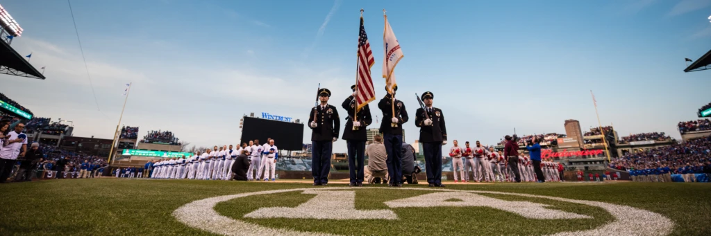 CHICAGO, IL - APRIL 5:  The Color Guard stands at attention during the ceremony before the Opening Night game against the St. Louis Cardinals at Wrigley Field on Sunday, April 5, 2015 in Chicago, Illinois. (Photo by Matt Kosterman/MLB Photos via Getty Images)