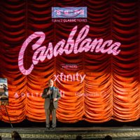 Legendary film critic Leonard Maltin addresses the crowd gathered for the TCM 20th anniversary screening of Casablanca at Chicago's Music Box Theater.